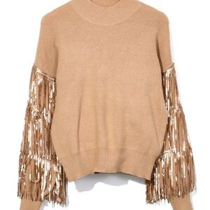 Gold Knit Sweater with Fringe Sequin Sleeves size M. Generously sized